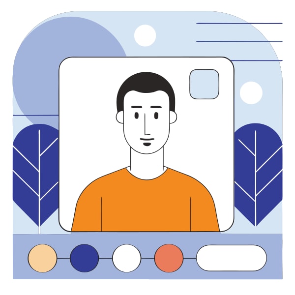 Illustration Of A Man In An Orange Shirt Against A Blue Background With A Color Palette And A Camera Icon — Stock Vector
