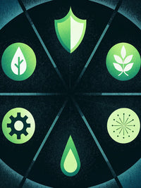 Green And Black Illustration Of A Shield Leaf Water Droplet Gear And Oil Drop On A Dark Background — Stock Illustration