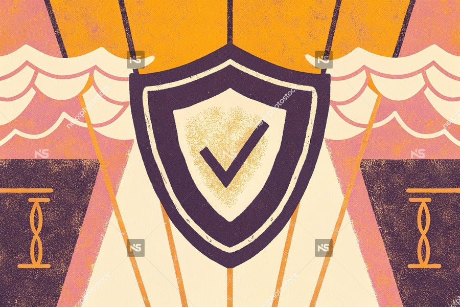 Vintage Poster Of A Shield With A Checkmark And A Castle In The Background — Stock Illustration