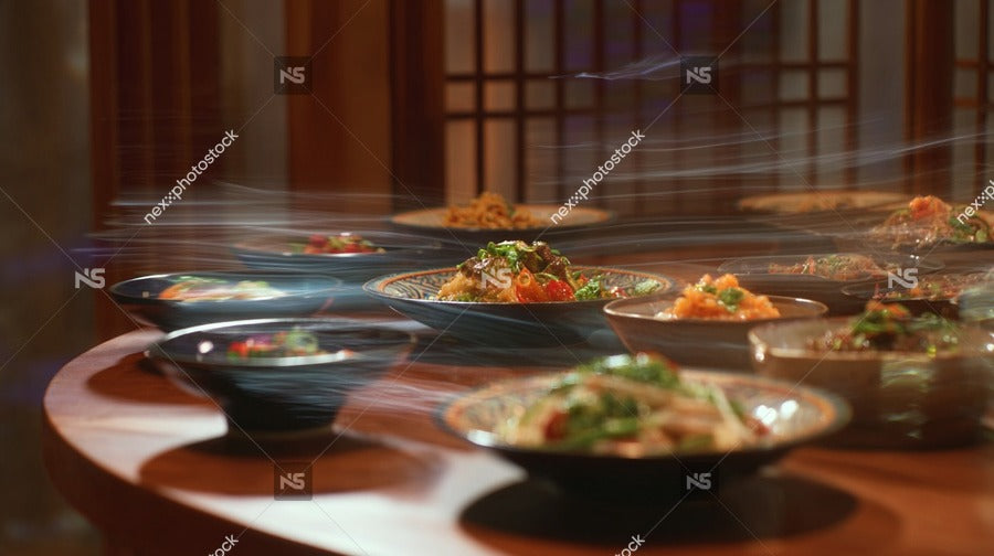Shows A Collection Of Bowls Filled With Various Foods Arranged On A Table In An Asian Restaurant Setting — Stock Photo