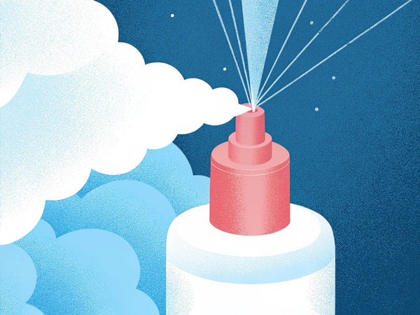 Illustration Of A Red Bottle With A Spray Nozzle On A Blue Background With Clouds And A Drop Shadow Effect — Stock Illustration