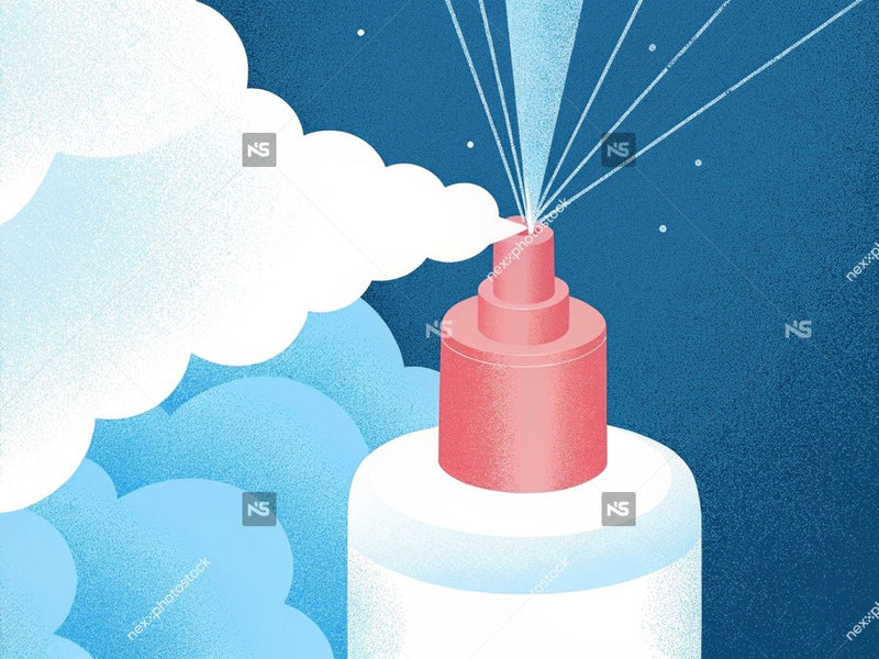 Illustration Of A Red Bottle With A Spray Nozzle On A Blue Background With Clouds And A Drop Shadow Effect — Stock Illustration