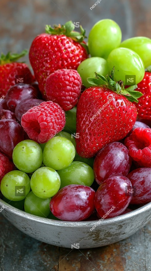 A Bowl Of Fresh Fruits Including Strawberries Grapes And Melons Displayed On A Table — Stock Photo