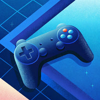 Illustration Of A Black Video Game Controller With Red Buttons And Joystick Set Against A Blue Background With A Grid Pattern — Stock Illustration