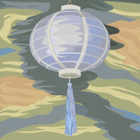 Blue And White Hot Air Balloon Floating In The Sky Against A Backdrop Of Mountains — Stock Vector