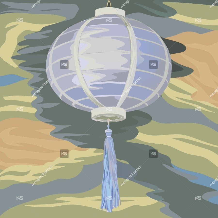 Blue And White Hot Air Balloon Floating In The Sky Against A Backdrop Of Mountains — Stock Vector