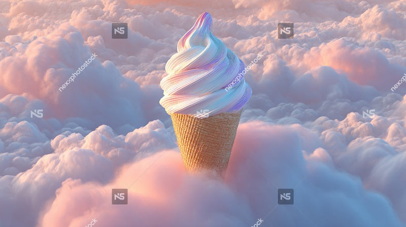 A Single Ice Cream Cone Stands Prominently Against A Backdrop Of Fluffy Pink Clouds With A Vibrant Purple Swirl On Top — Stock Photo
