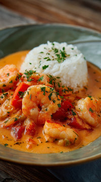 A Plate Of Shrimp Curry With Rice Garnished With Herbs And Served On A Wooden Table — Stock Photo