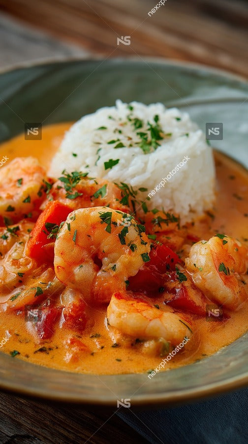 A Plate Of Shrimp Curry With Rice Garnished With Herbs And Served On A Wooden Table — Stock Photo