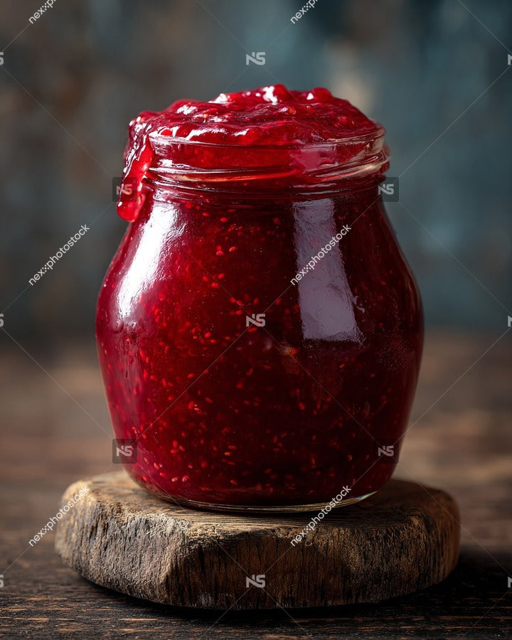 A Jar Of Raspberry Jam With A Spoonful Resting On Top Placed On A Wooden Surface — Stock Photo