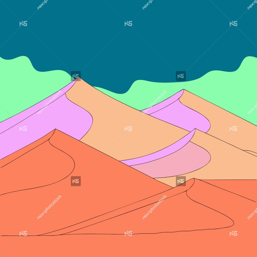 Colorful Desert Mountain Range With Peaks And Valleys Set Against A Dark Blue Sky — Stock Vector