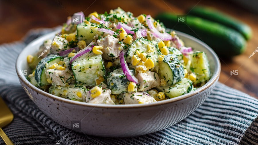 A Bowl Of Cucumber Salad With Chicken And Dressing Garnished With Herbs On A Table — Stock Photo