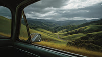 A Car Window View Of A Scenic Landscape Rolling Hills And A Winding Road — Stock Photo