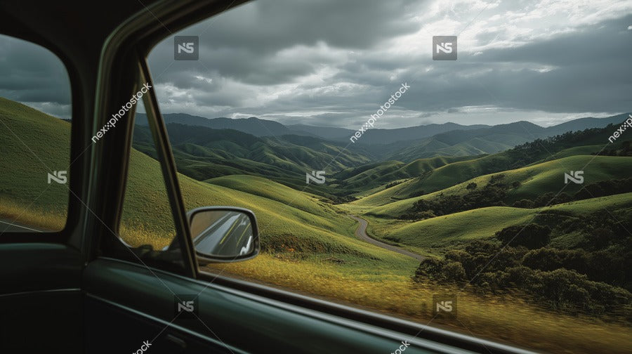 A Car Window View Of A Scenic Landscape Rolling Hills And A Winding Road — Stock Photo