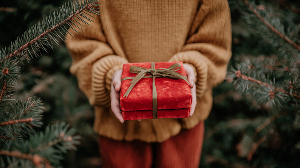 A Person Holding A Red Gift With A Bow Standing In Front Of A Pine Tree During The Holiday Season — Stock Photo