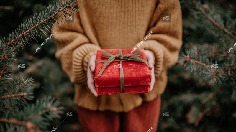 A Person Holding A Red Gift With A Bow Standing In Front Of A Pine Tree During The Holiday Season — Stock Photo
