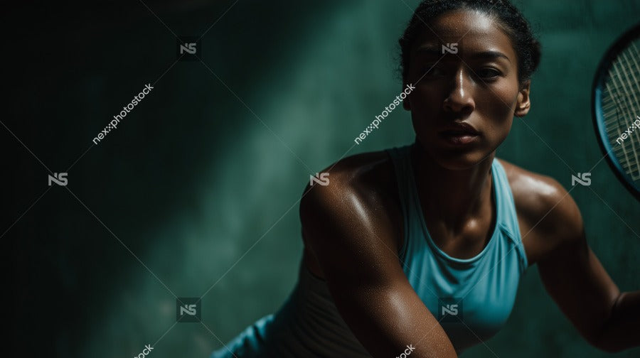 Female Tennis Player In Action Holding A Racket Wearing A Blue Tank Top And Shorts Against A Green Background — Stock Photo
