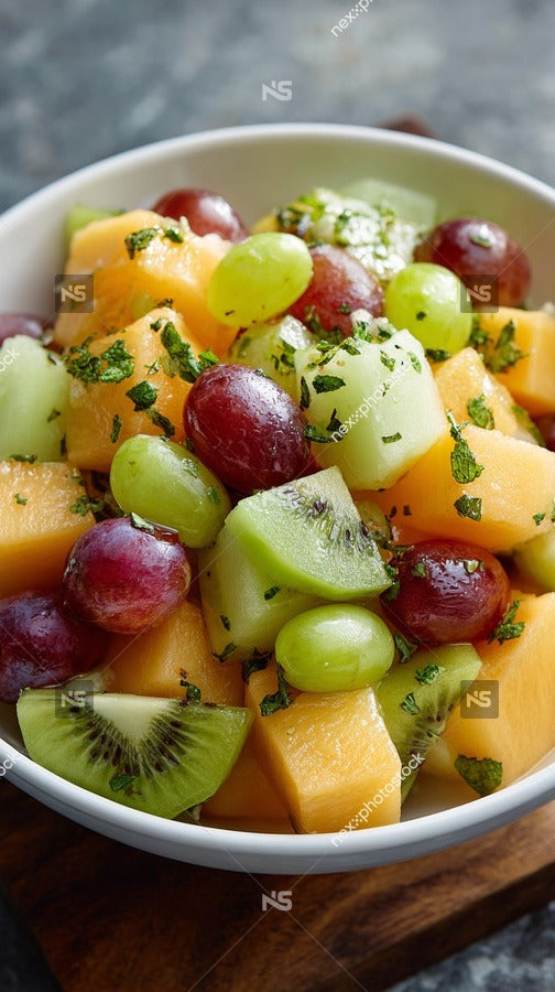 A Bowl Of Fresh Fruit Salad Including Grapes And Kiwi Garnished With A Sprig Of Parsley — Stock Photo