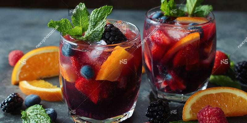 Two Glasses Of Sangria With Fresh Fruit Including Oranges And Berries On A Table — Stock Photo