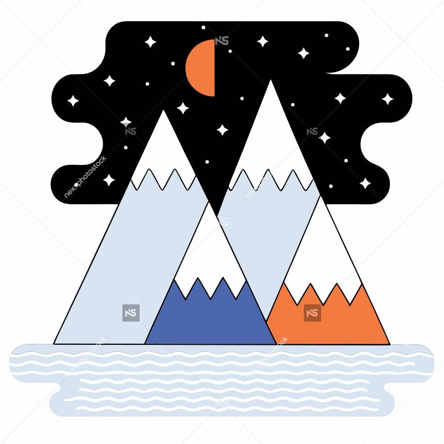 Digital Illustration A Stylized Mountain Range With Peaks And Valleys Set Against A Night Sky With Stars — Stock Vector