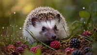 a hedgehog foraging for berries in a grassy field - Stock Video