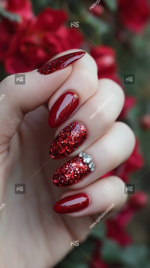 Red Glitter Nails With Diamond Accents — Stock Photo