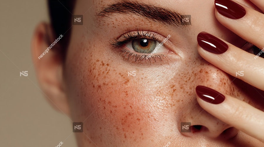 A Close Up Of A Woman S Face With Red Freckles Showcasing Her Makeup And Nail Polish — Stock Photo
