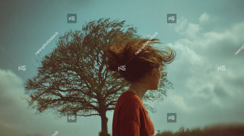 A Woman Stands With Her Back To The Camera Facing A Tree And A Blue Sky — Stock Photo