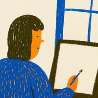 A Woman Is Drawing In A Window With A Pencil And Paper Looking Out Of It — Stock Illustration