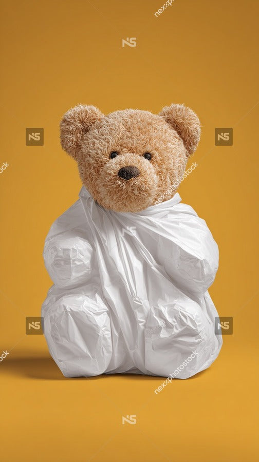 A Teddy Bear Wrapped In Plastic Set Against A Yellow Background — Stock Photo