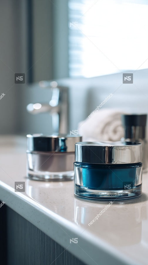 A Bathroom Counter With Various Cosmetic Products Including A Blue Nail Polish Bottle And A Silver Makeup Brush Holder — Stock Photo