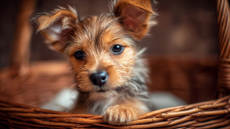 small puppy peeking out of a wicker basket - Stock Video