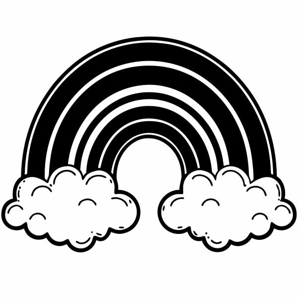 A Black And White Illustration Of A Rainbow Arching Over Two Clouds Set Against A Plain Background — Stock Vector