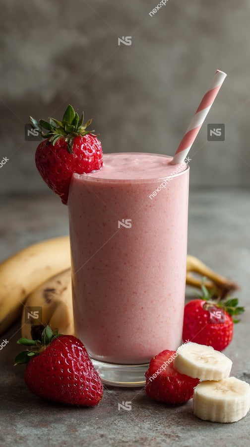 A Refreshing Strawberry Banana Smoothie With Fresh Fruit Served In A Glass And Garnished With A Slice Of Banana On The Side — Stock Photo