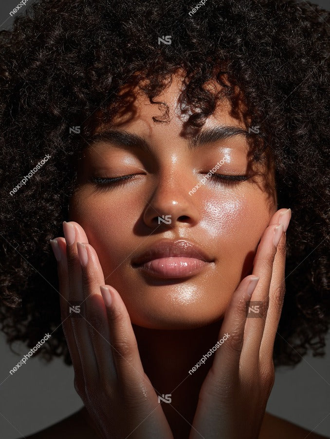 A Woman With Curly Hair Wearing A Light Makeup Look Is Captured In A Close Up Shot — Stock Photo