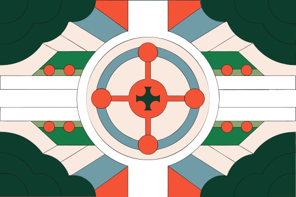 Stylized Graphic Design A Symmetrical Arrangement Of Colorful Circles And Crosses Set Against A Contrasting Background — Stock Vector