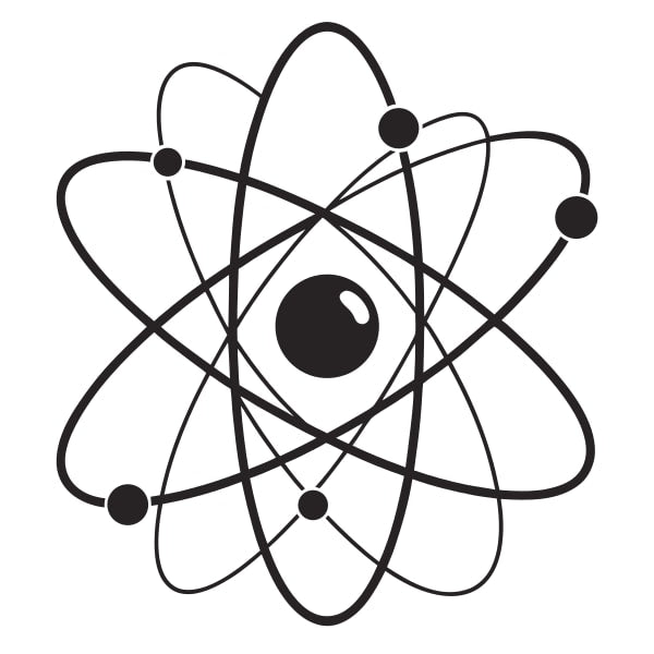 Black And White Illustration Of A Scientific Atom Model With Electrons Orbiting Around Nucleus Representing Atomic Structure In Chemistry — Stock Vector