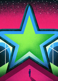 A Colorful Star Sign With A Person Standing In Front Of It Set Against A Night Sky Background — Stock Illustration