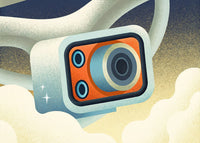 Futuristic Camera Drone With A Blue And Orange Color Scheme Flying In The Sky Against A Backdrop Of Clouds — Stock Illustration