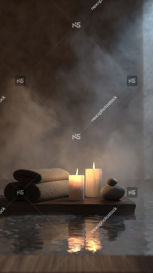 A Steamy Bathroom Scene With A Wooden Tray Holding Two Candles And A Small Rock Set Against A Backdrop Of Misty Air — Stock Photo