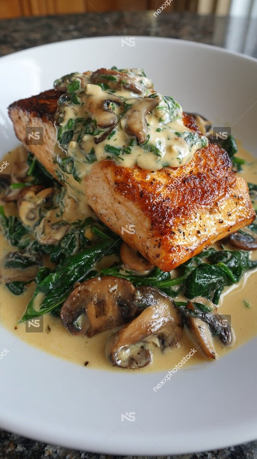 A Plate Of Fish Topped With Spinach And Mushrooms Served On A White Plate — Stock Photo