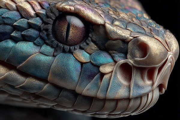 A Close Up Of A Snake With Scales That Appear To Be Made Of Glittering Material Metal Plastic Set Against A Dark Background — Stock Photo