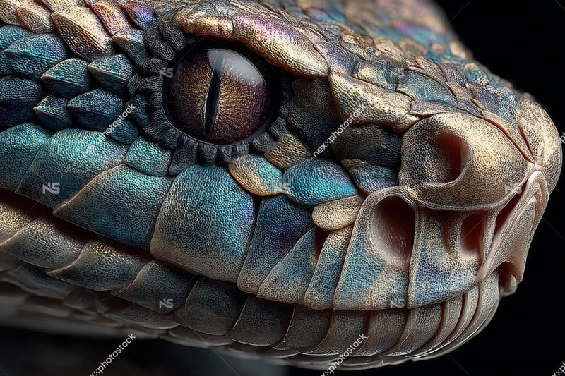 A Close Up Of A Snake With Scales That Appear To Be Made Of Glittering Material Metal Plastic Set Against A Dark Background — Stock Photo