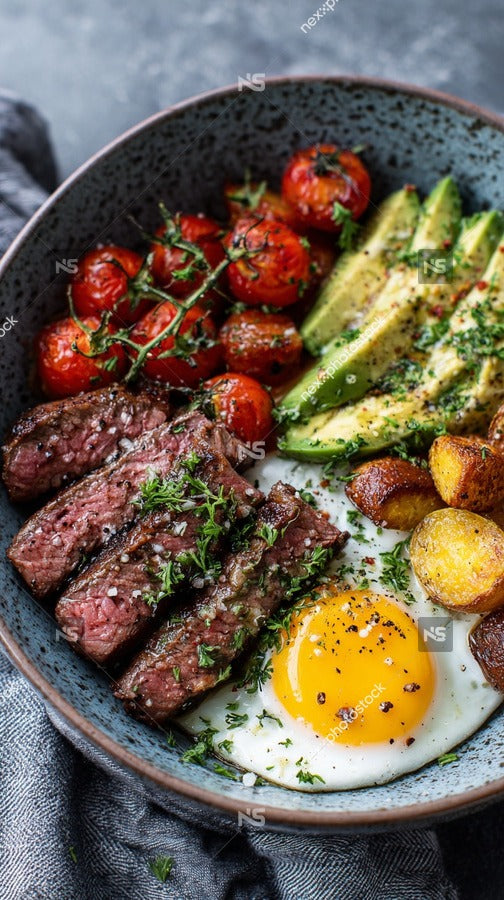 A Bowl Of Steak Eggs Tomatoes Avocado And Potatoes With A Sprinkle Of Parsley On Top Served In A Gray Bowl — Stock Photo