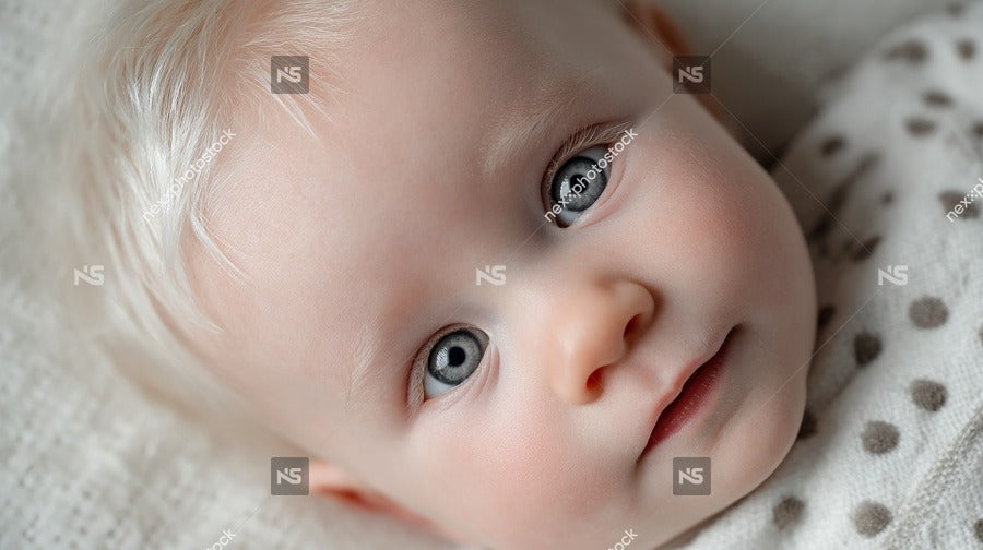 Newborn Baby With Blue Eyes And A Soft Smile Captured In A Close Up Portrait Shot Against A White Background — Stock Photo