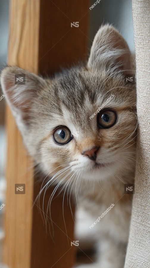 A Kitten Peeks Out From Behind A Curtain Its Curious Gaze Directed Towards The Camera — Stock Photo