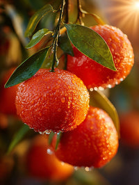 Bright Oranges With Droplets Of Water Hanging From A Tree Against A Sunlit Background — Stock Photo