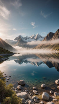 a breathtaking view of a serene mountain lake surrounded by majestic mountains and lush greenery under a clear blue sky - Stock Video