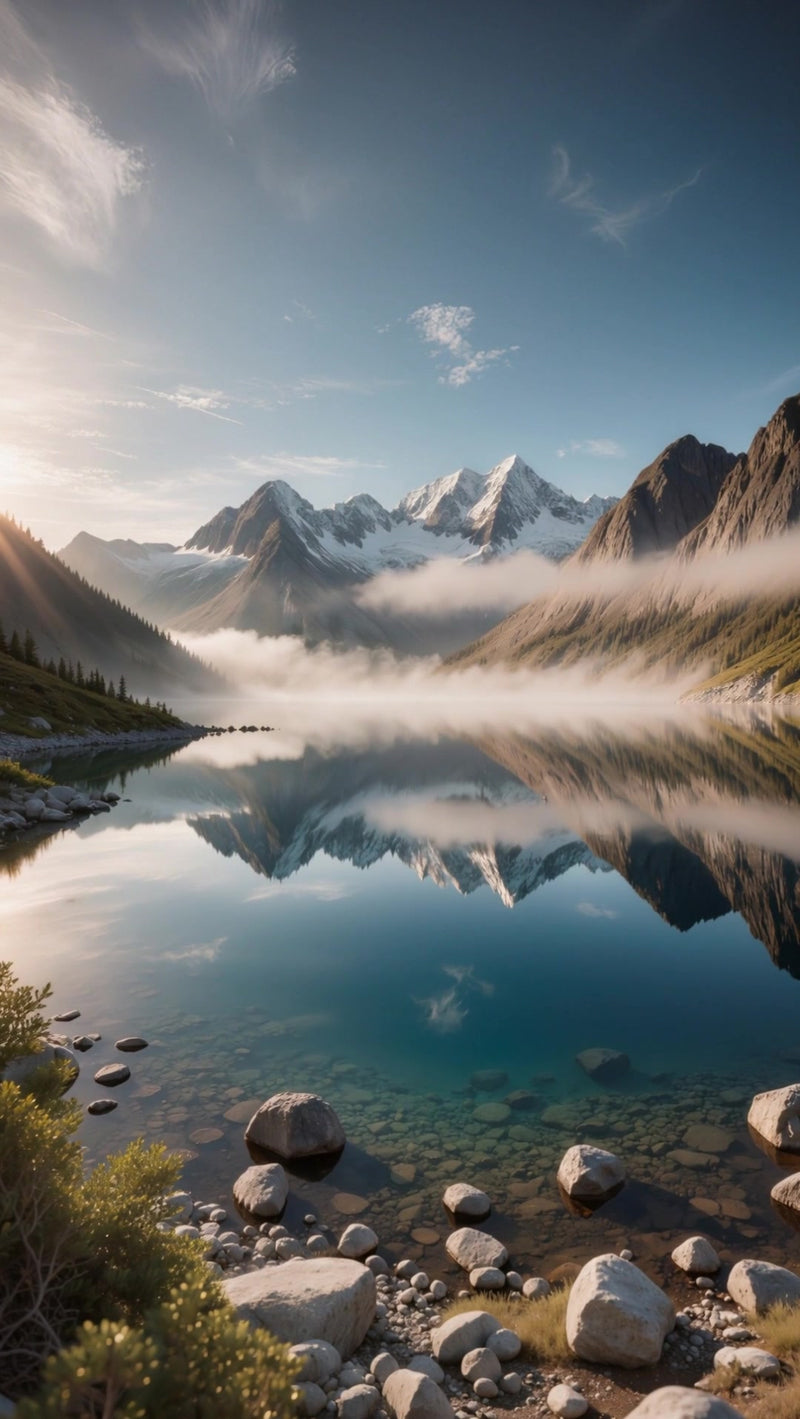 a breathtaking view of a serene mountain lake surrounded by majestic mountains and lush greenery under a clear blue sky - Stock Video