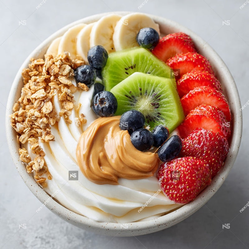 A Vibrant Bowl Of Yogurt Topped With A Variety Of Fresh Fruits Granola And Drizzled Honey Presented On A White Surface — Stock Photo